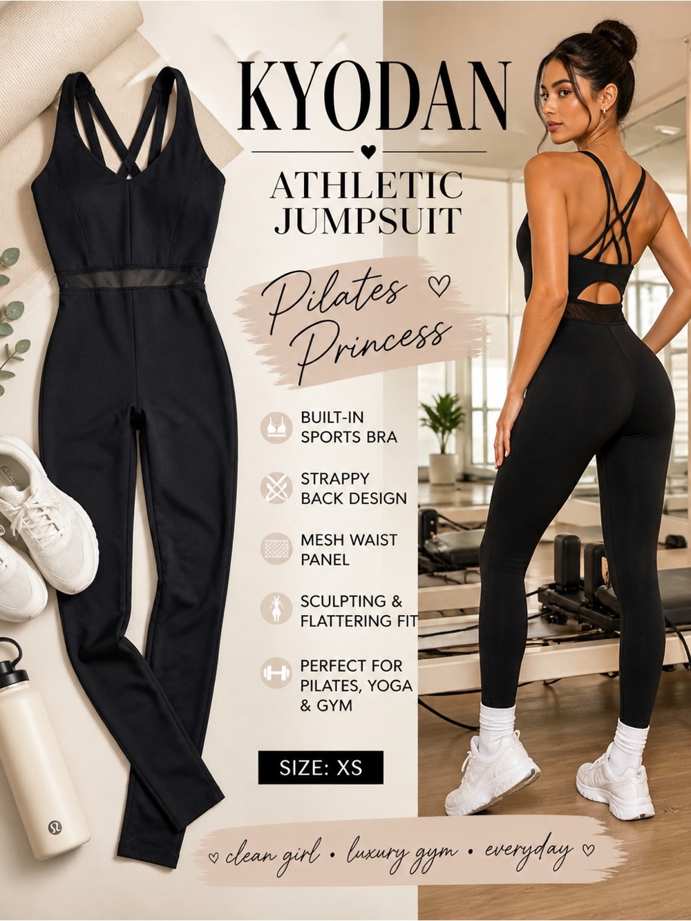 Kyodan Black Athletic Jumpsuit Strappy Back Mesh Waist Sculpting One Piece XS